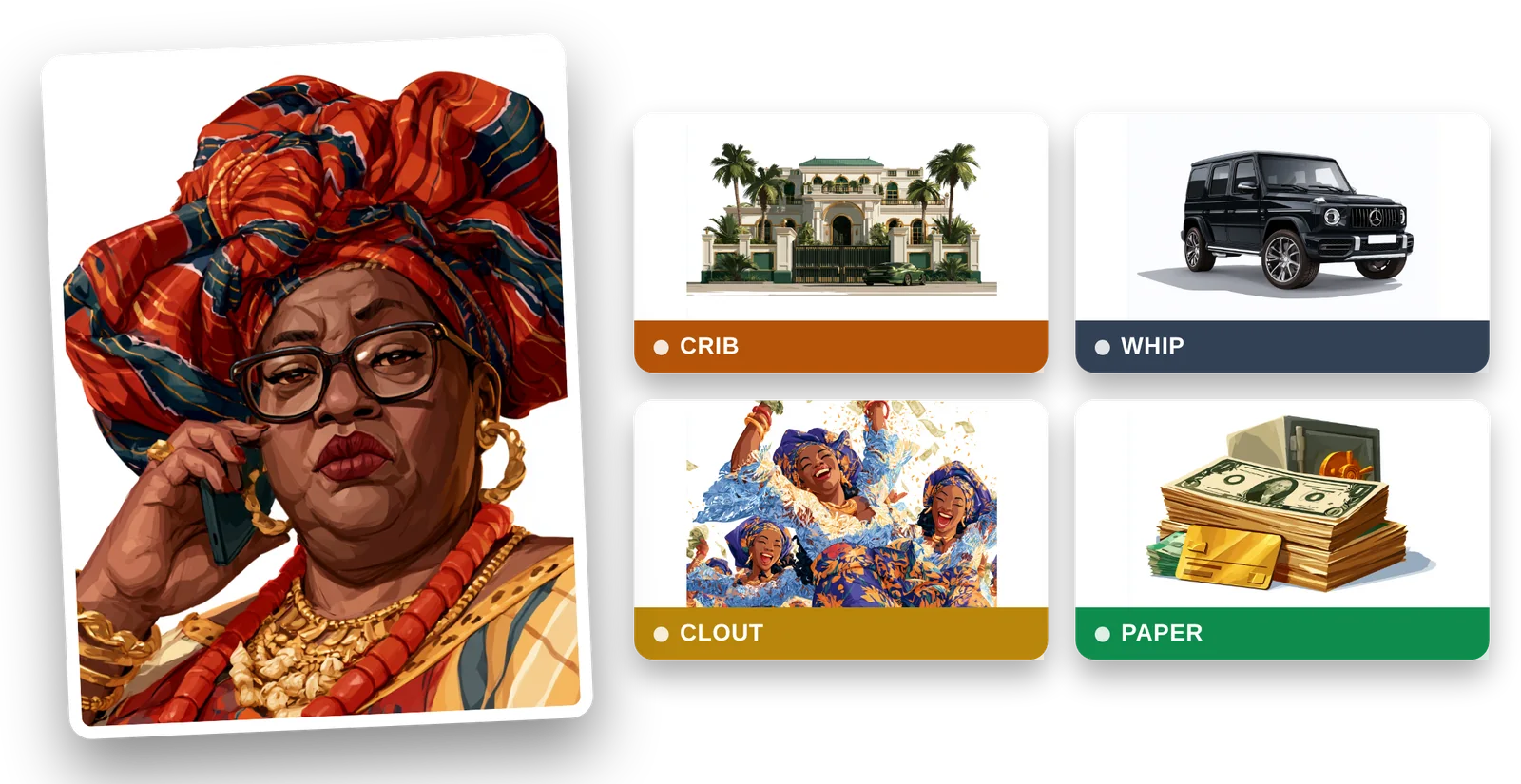Who Send You? panel art — a Lagos auntie on the phone beside the game's four Pillars: Crib, Whip, Clout and Paper.